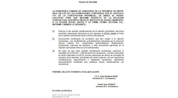 El Senado también mostró preocupación por la reducción del canon al Casino Victoria