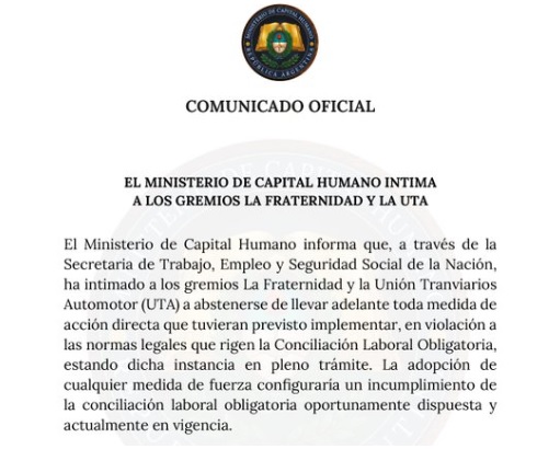 El Gobierno intimó a la UTA y a La Fraternidad a no adherir al paro porque rige una conciliación obligatoria