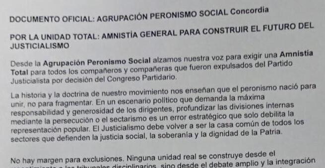 El Peronismo de Concordia pidió una amnistía general para expulsados del PJ y reclamó la unidad del justicialismo